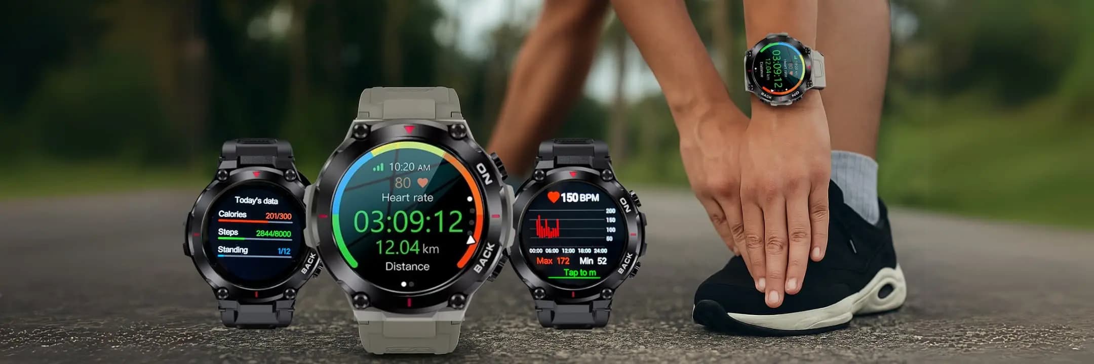 lady touching her toes and 4 smart watch dials on display