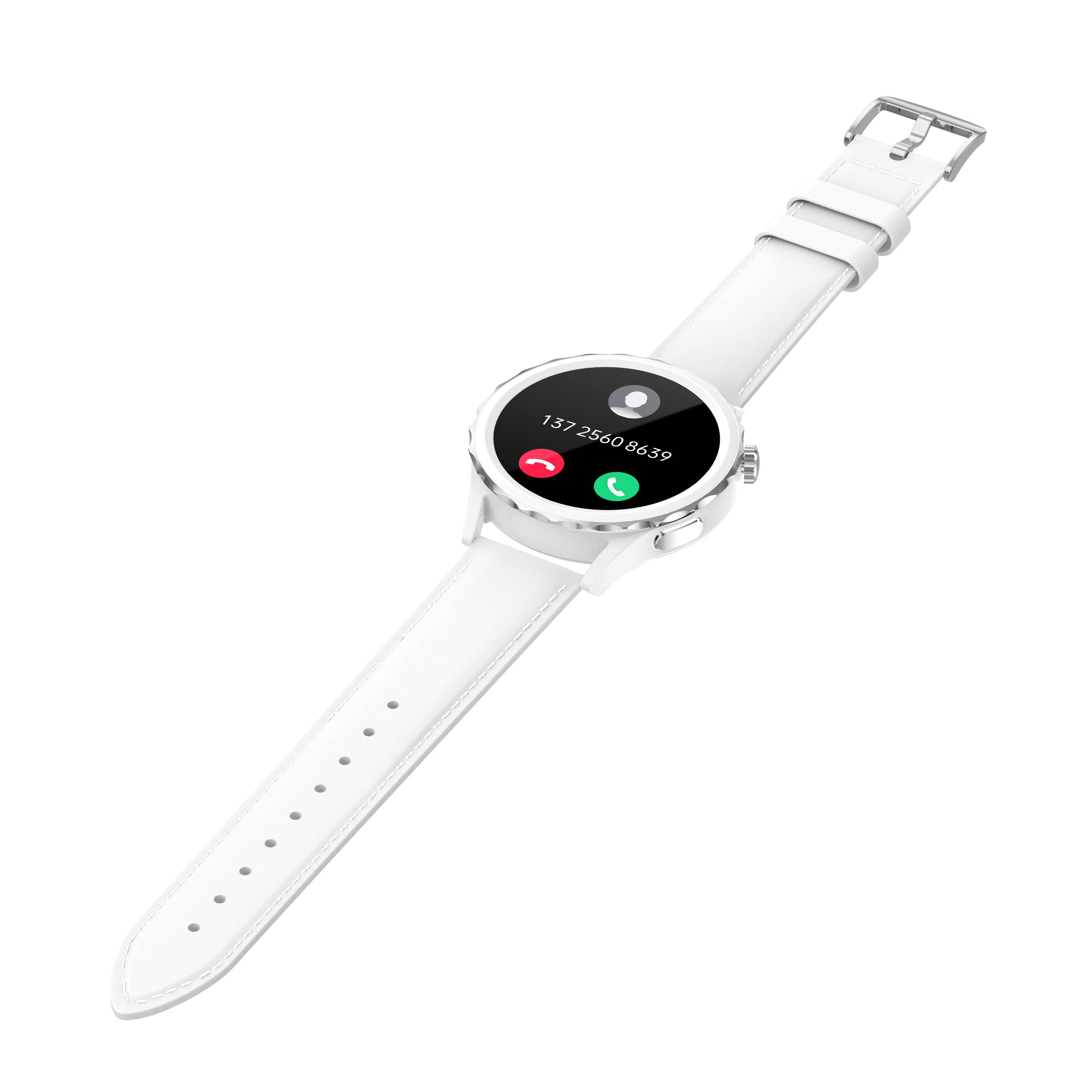 White smartwatch with a black screen with incoming call on a white background