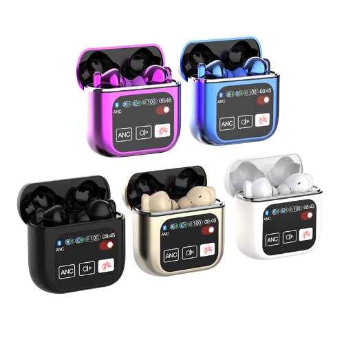 A set of noise-cancelling earbuds in various colors (black, blue, purple, beige, white) with their charging cases open, displaying the earbuds inside.