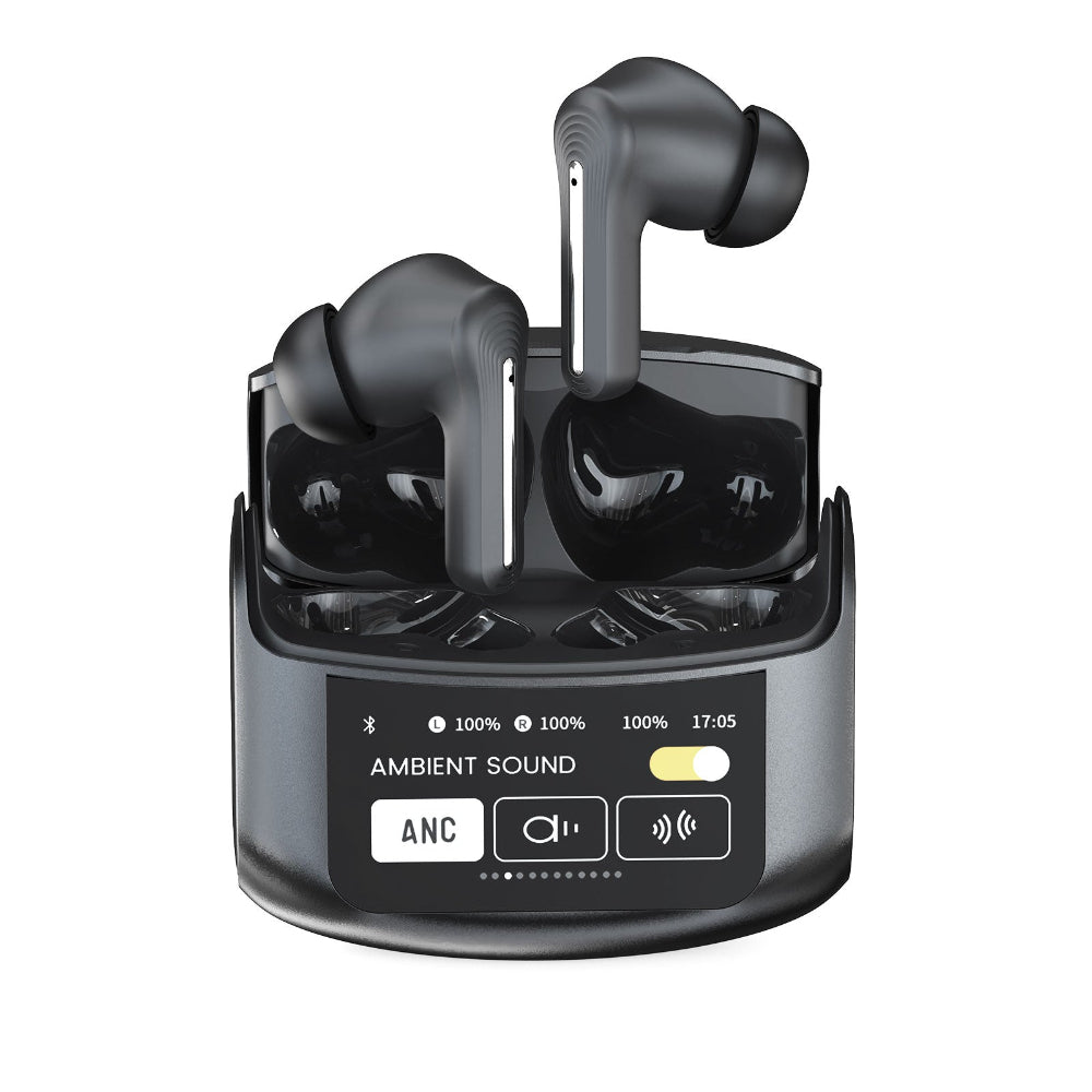 anc black earbuds with with LED charging case