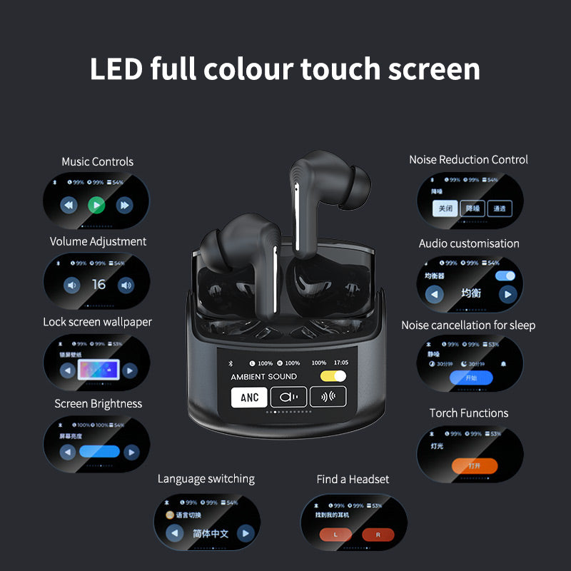 nosie cancelling earbuds with LED screen