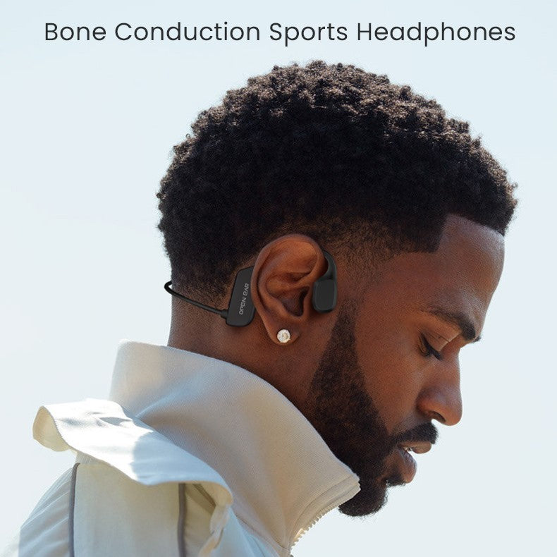 Man wearing bone conduction sports headphones with a clear background