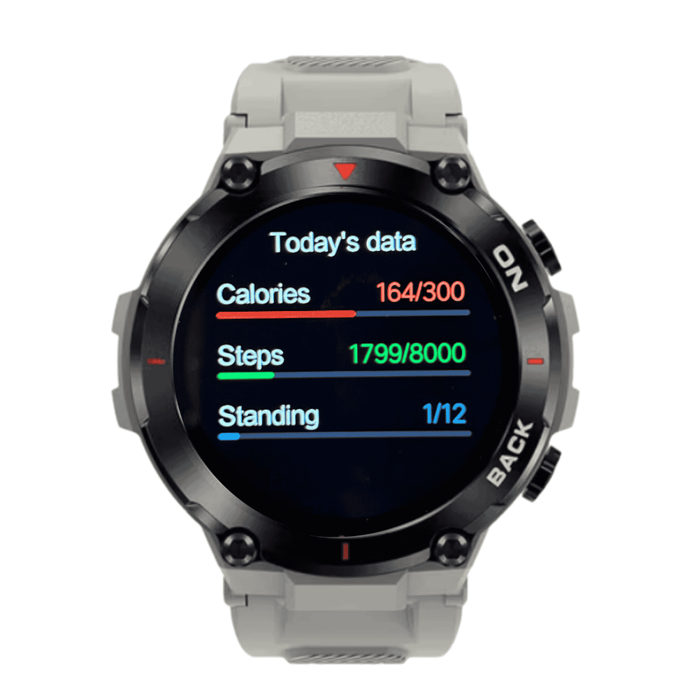 Smartwatch displaying fitness data on a white background