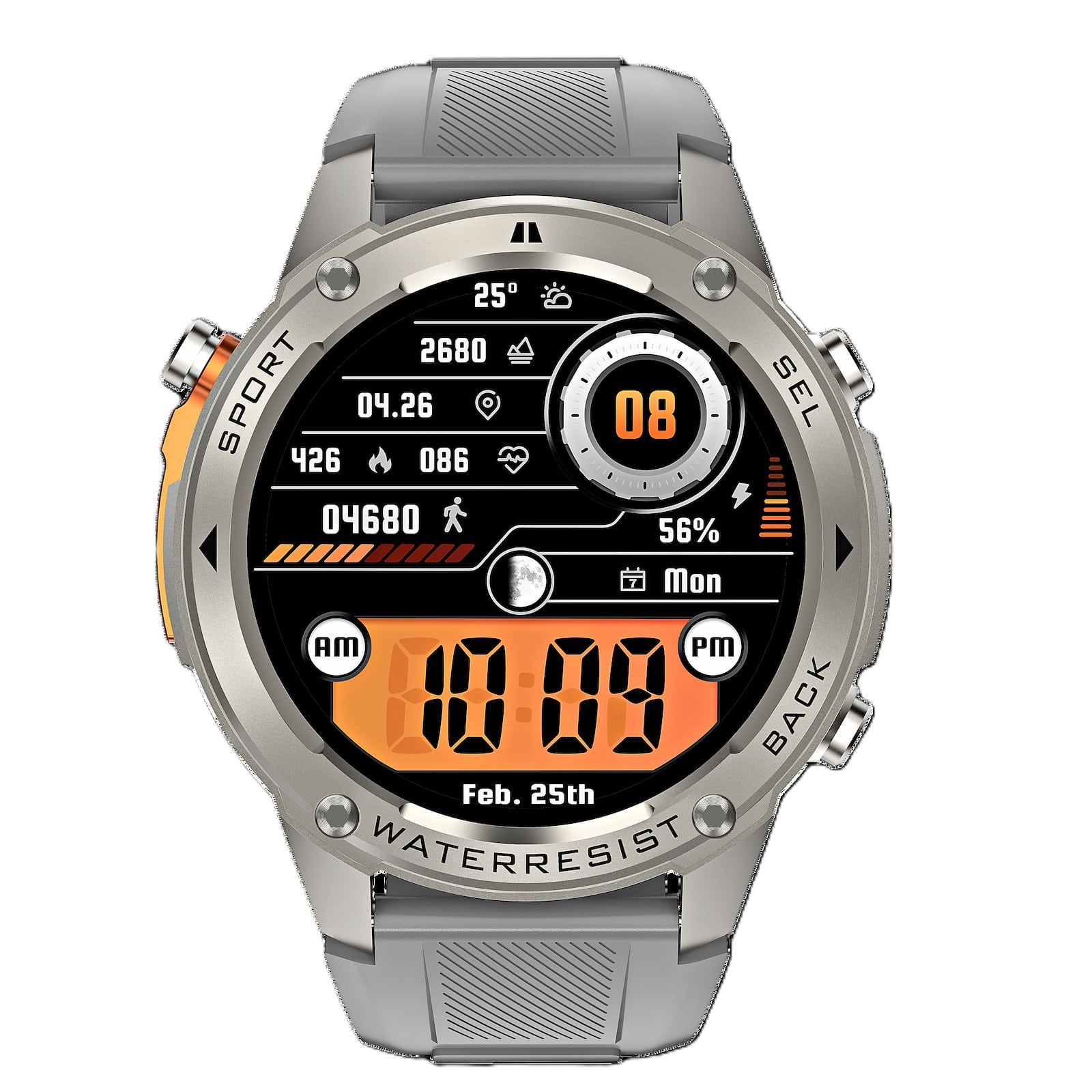 Silver smartwatch with digital display on a white background