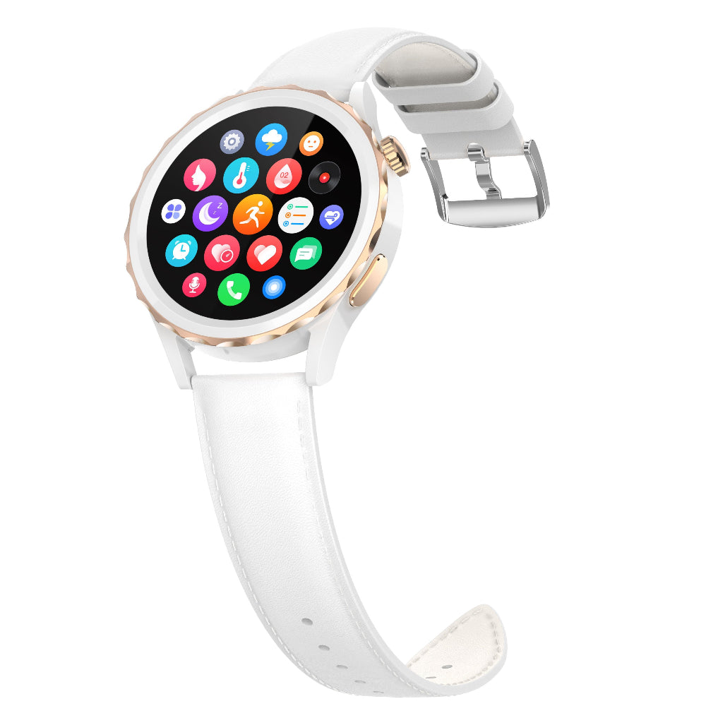Smartwatch with a white strap on a white background