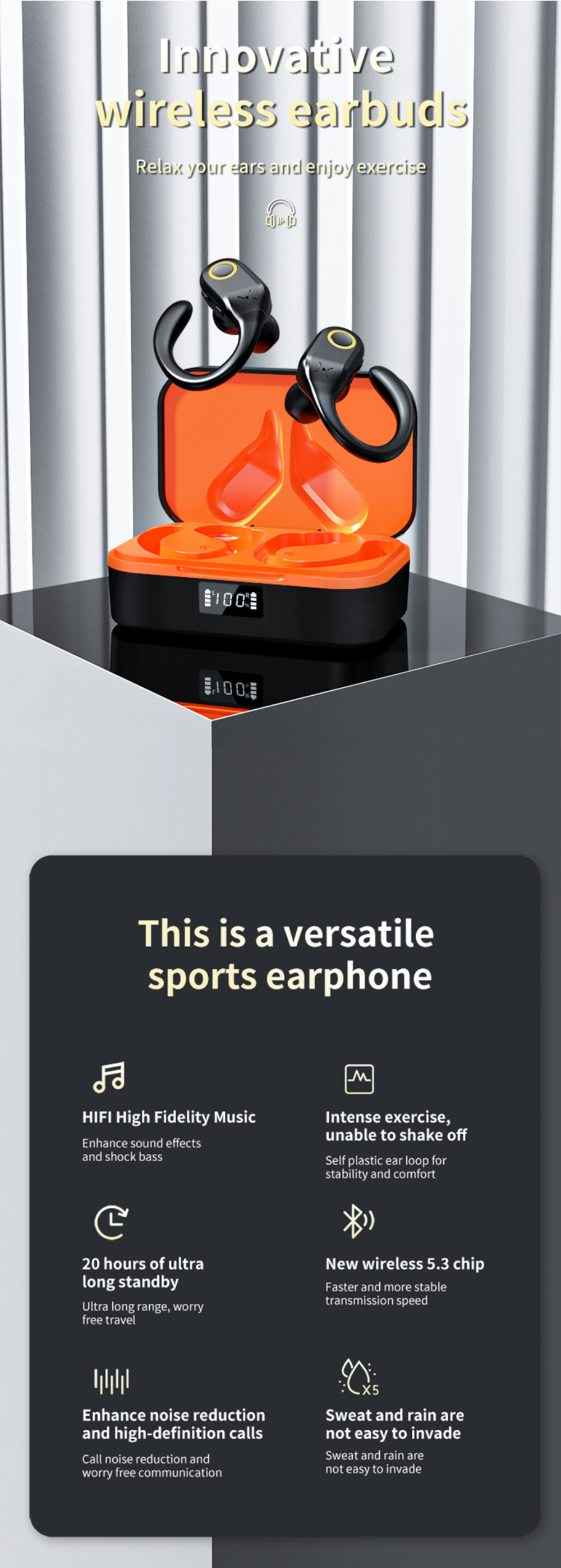 Bluetooth noise cancelling earbuds orange black