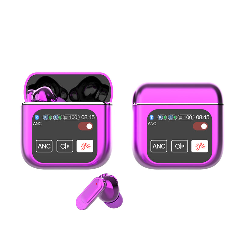 A set of noise-cancelling earbuds in various colors (black, blue, purple, beige, white) with their charging cases open, displaying the earbuds inside.