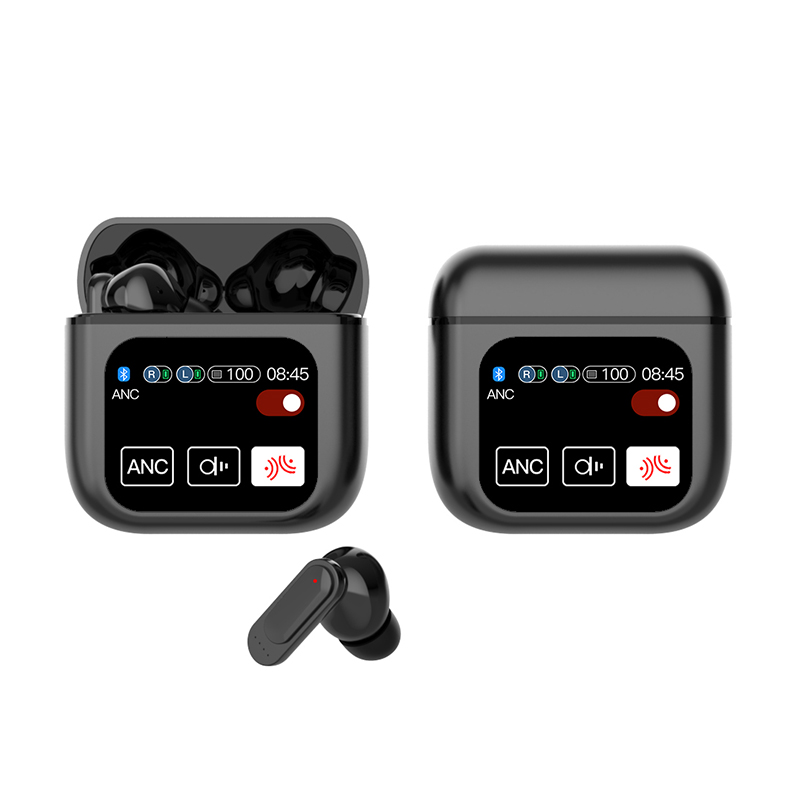 A set of noise-cancelling earbuds in various colors (black, blue, purple, beige, white) with their charging cases open, displaying the earbuds inside.