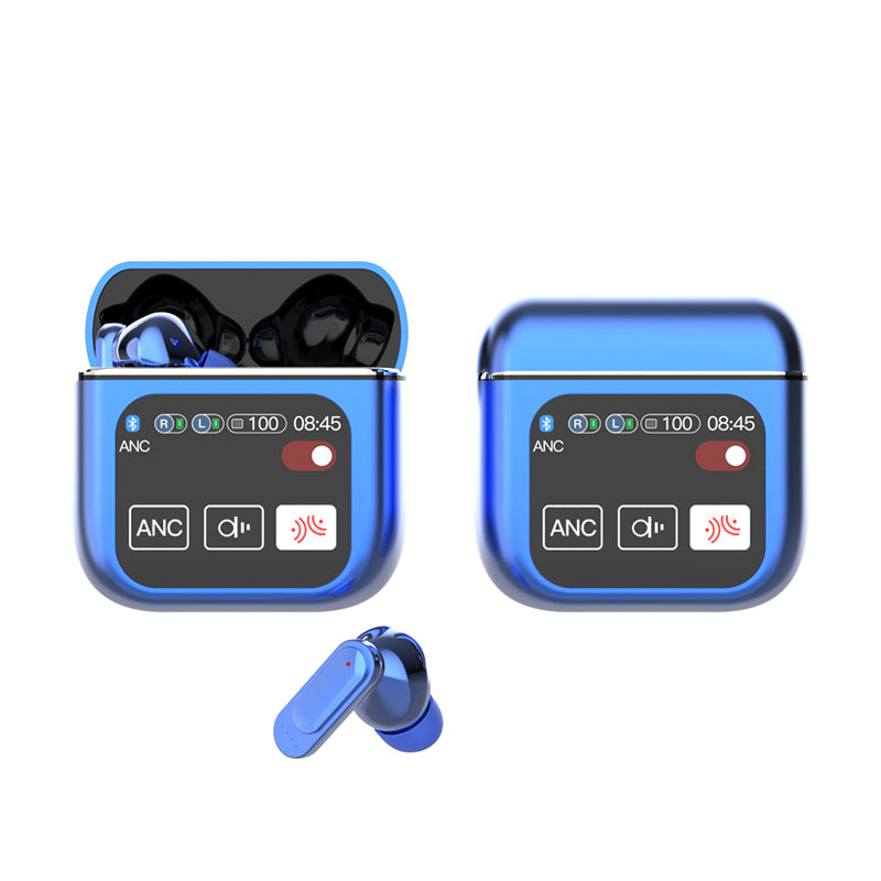 A set of noise-cancelling earbuds in various colors (black, blue, purple, beige, white) with their charging cases open, displaying the earbuds inside.