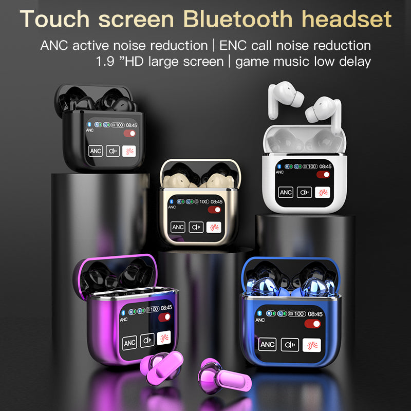 display of five different colour earbuds with touch display screens