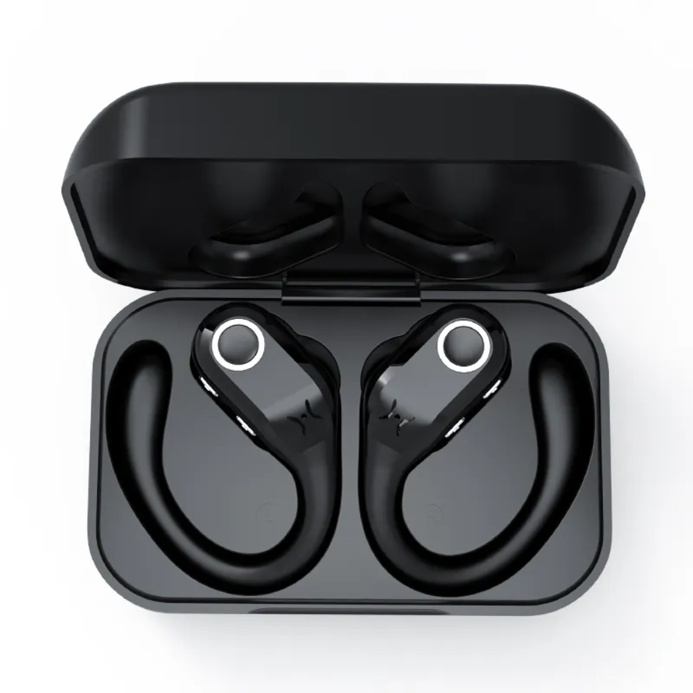 Black J10 wrap around noise cancelling earbuds in charging case