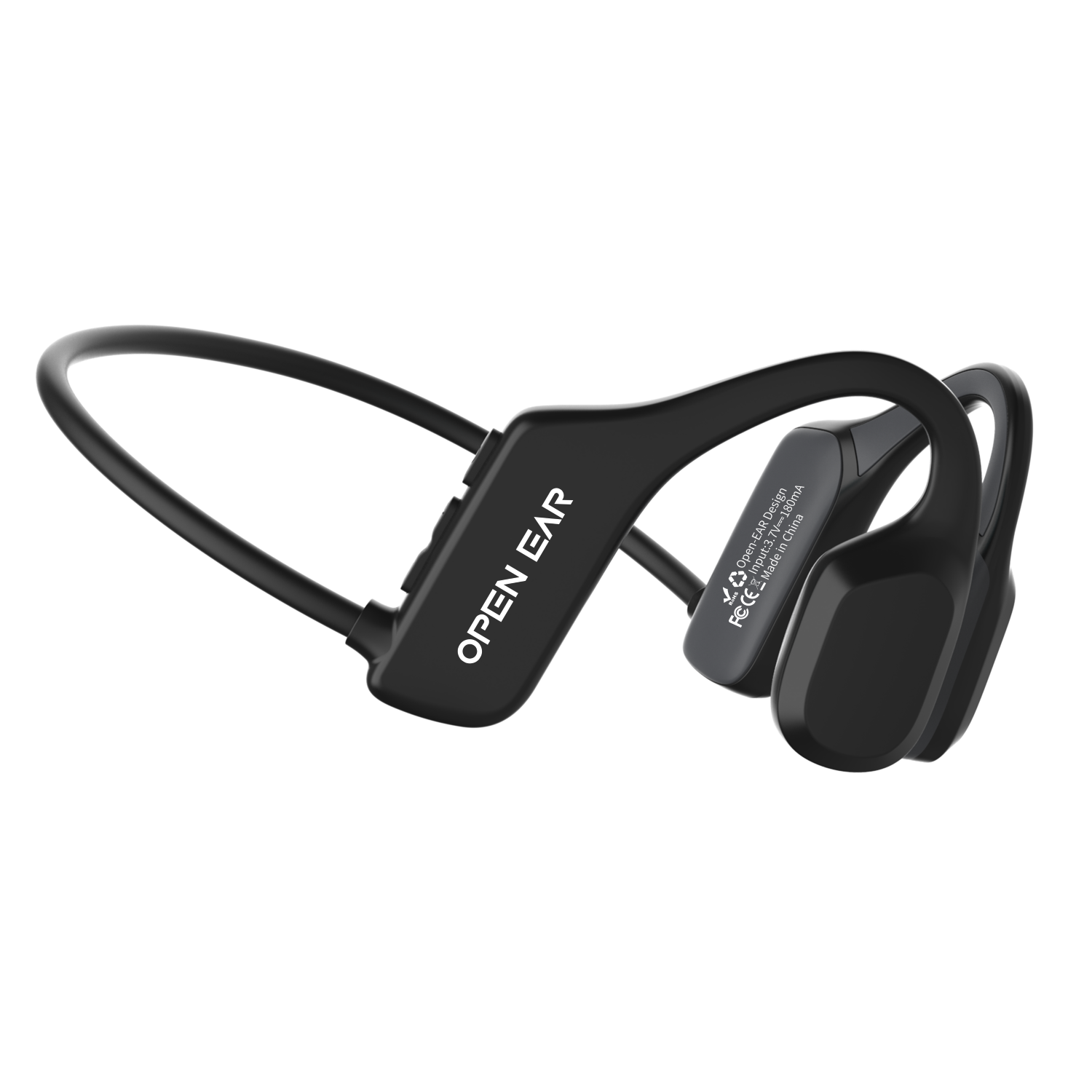 Black open-ear wireless headphones on a white background