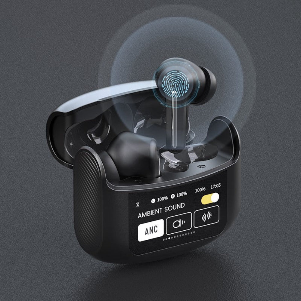 nosie cancelling earbuds with LED screen