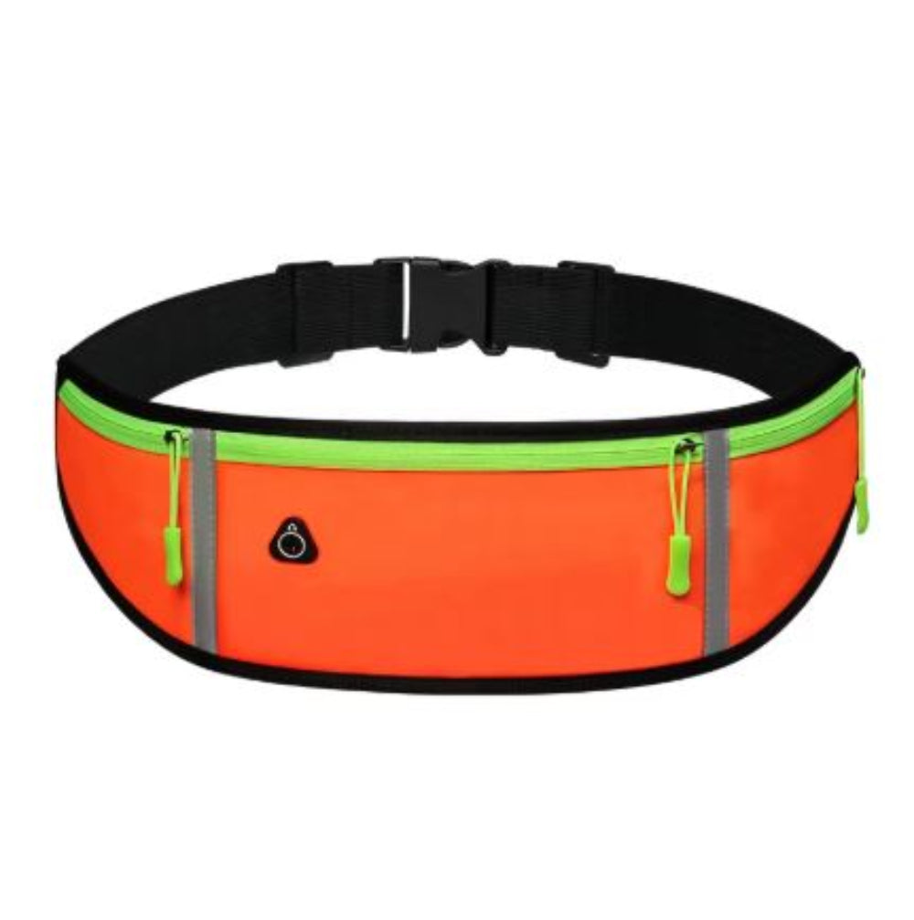 A orange waterproof running waist belt with green accents and multiple compartments, featuring an adjustable waistband and reflective strips.