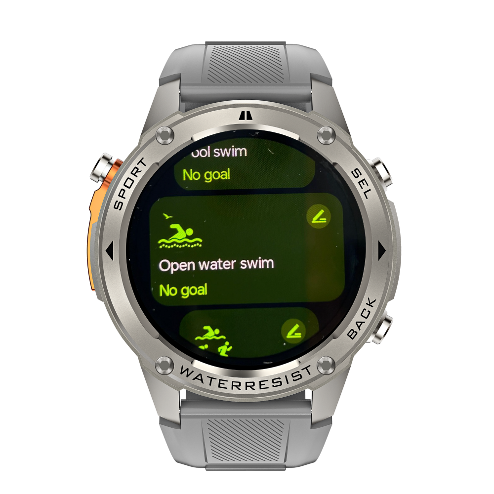 Silver smartwatch with a green display on a white background