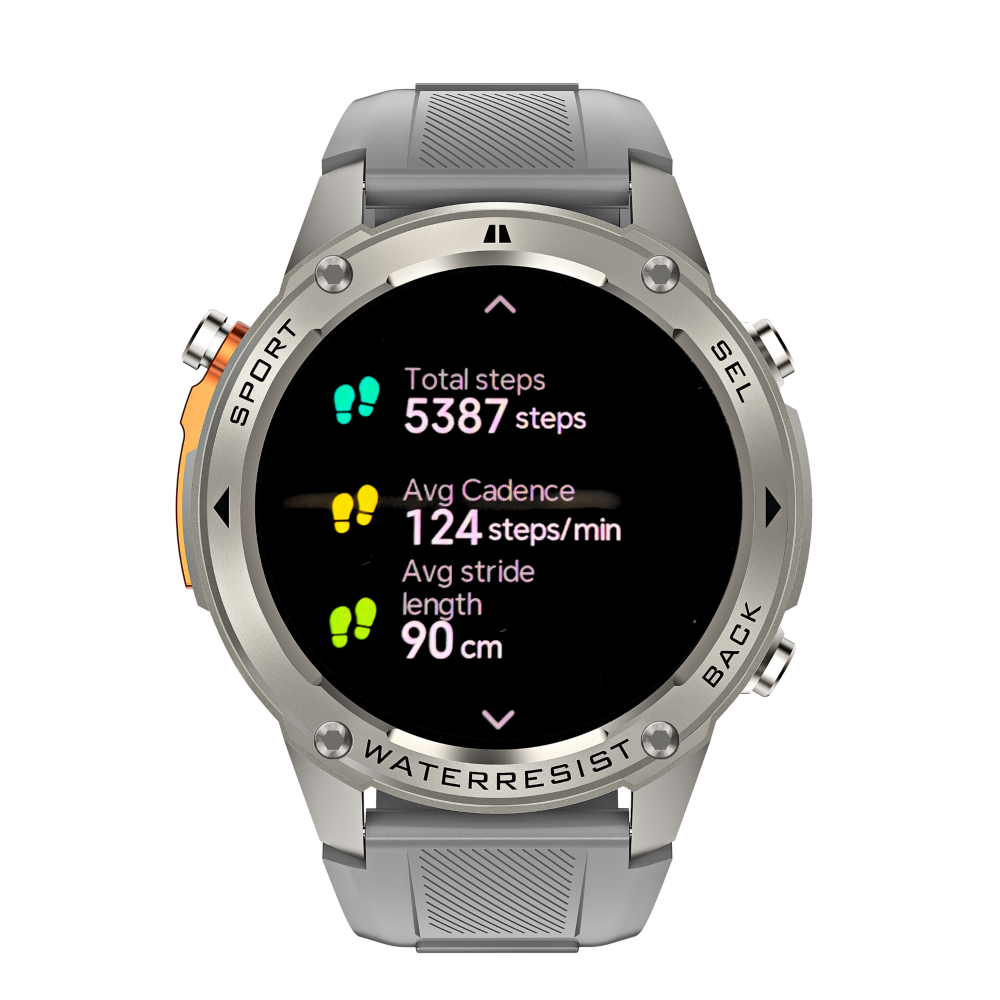 Silver smartwatch displaying fitness stats on a white background