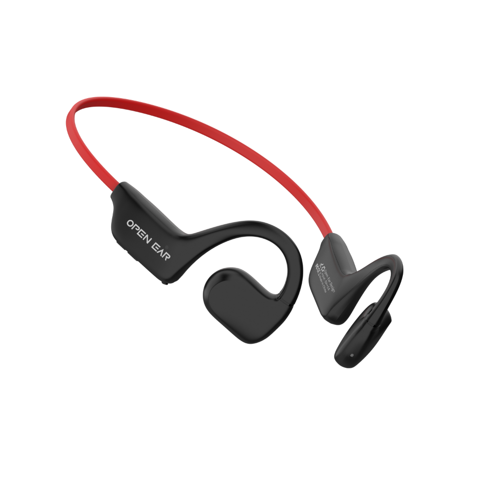 Wireless open ear air conduction headphones with a red headband and black earpieces.