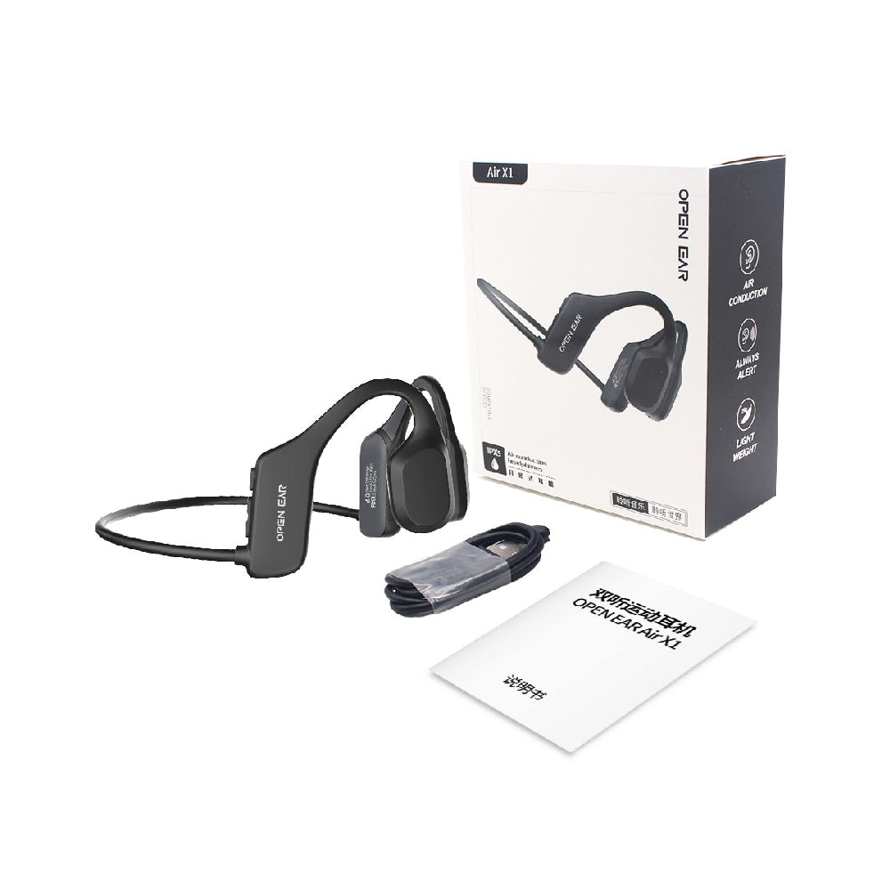 Wireless Bone Conduction Headphones with earplugs and charging cable, displayed next to their packaging box and user manual.