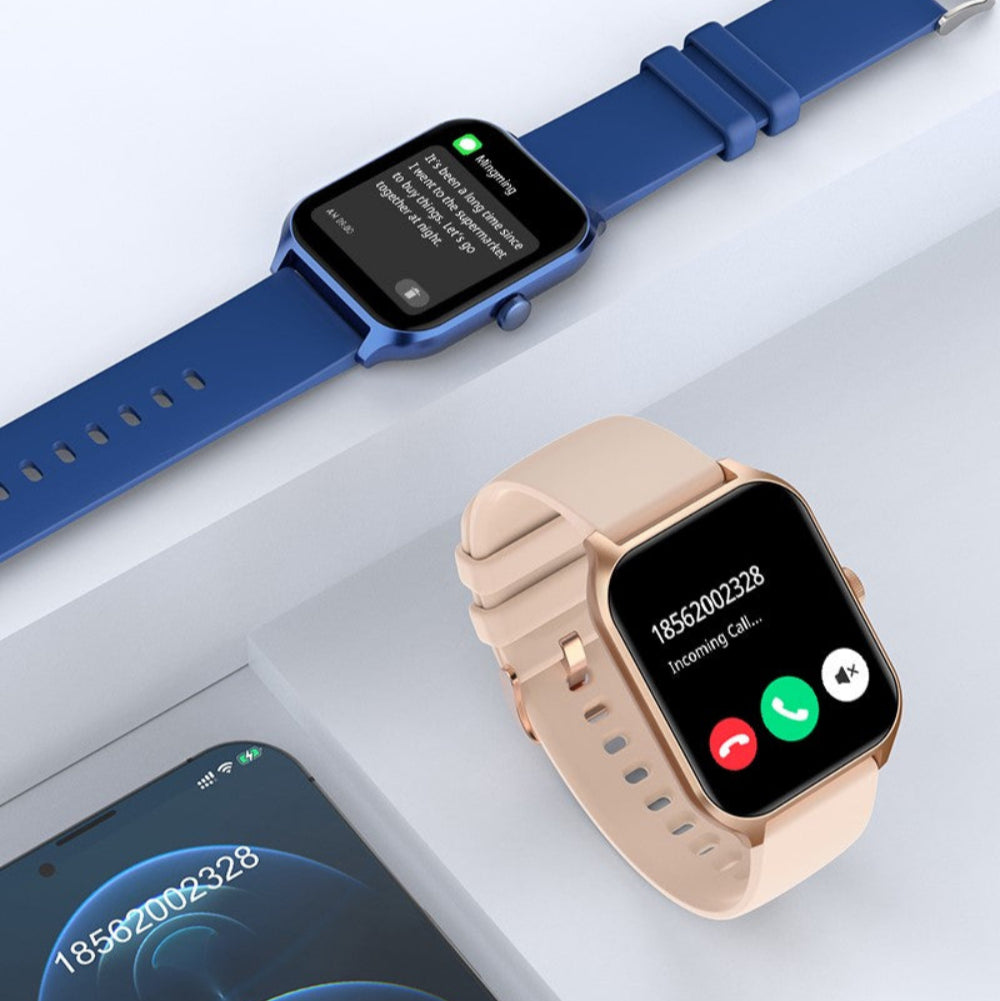 rose gold and blue ulse smart watch showing calling and messaging screen