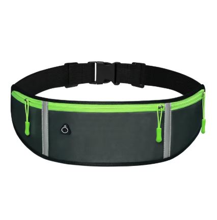 A black waterproof running waist belt with green accents and multiple compartments, featuring an adjustable waistband and reflective strips.