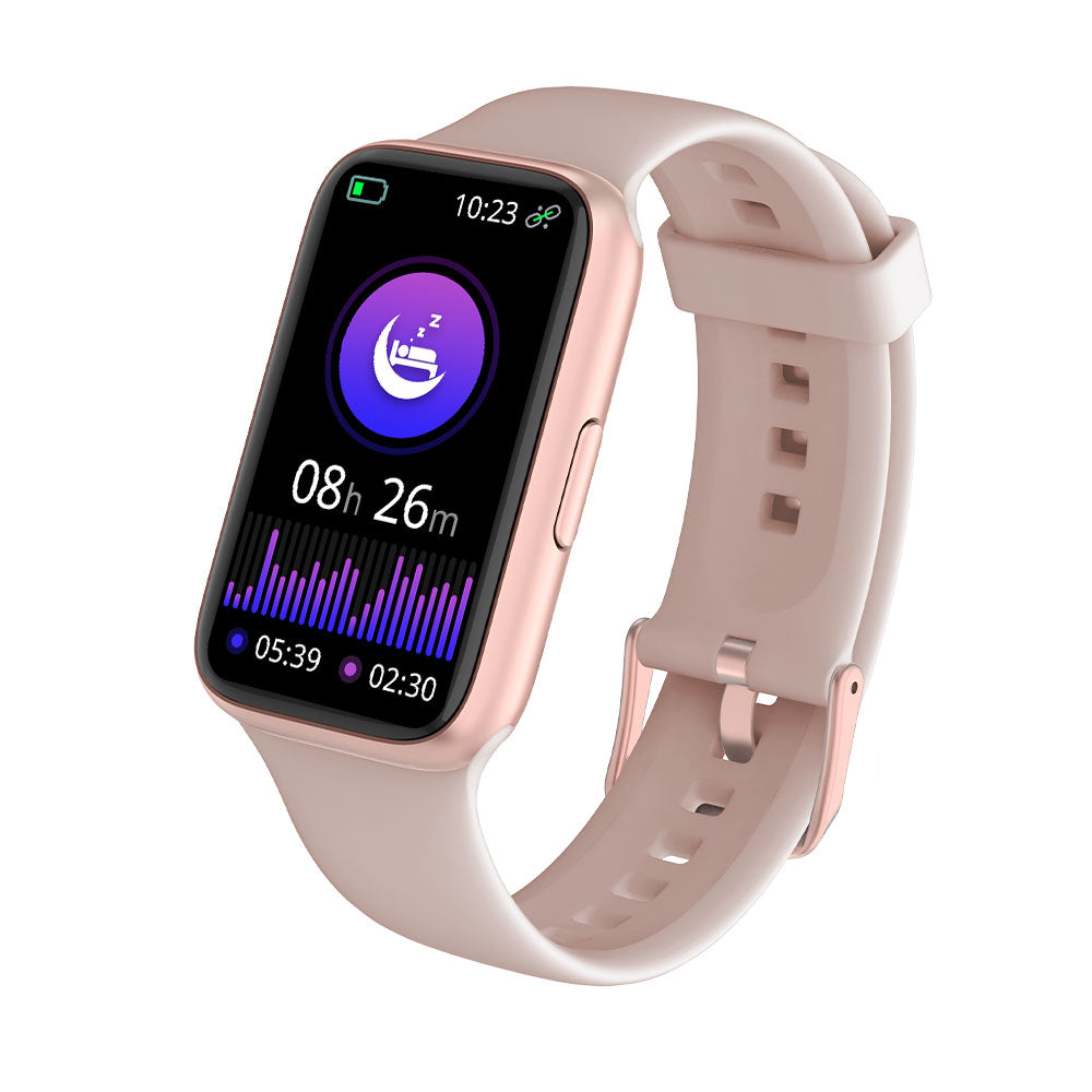 A rose gold fitness tracker watch with a silicone band and a digital display showing various health and fitness metrics.