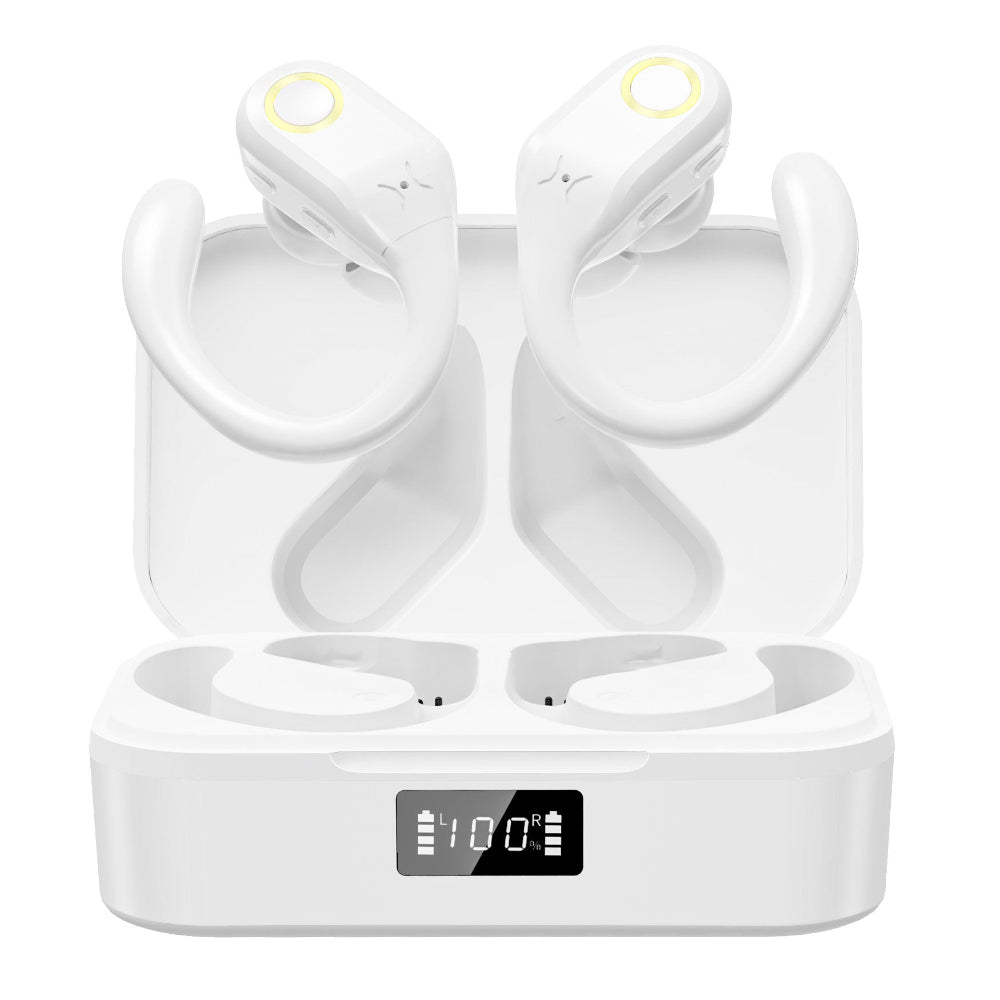 tri tek pro ear hook noise cancelling earbuds in white showing battery inicatr