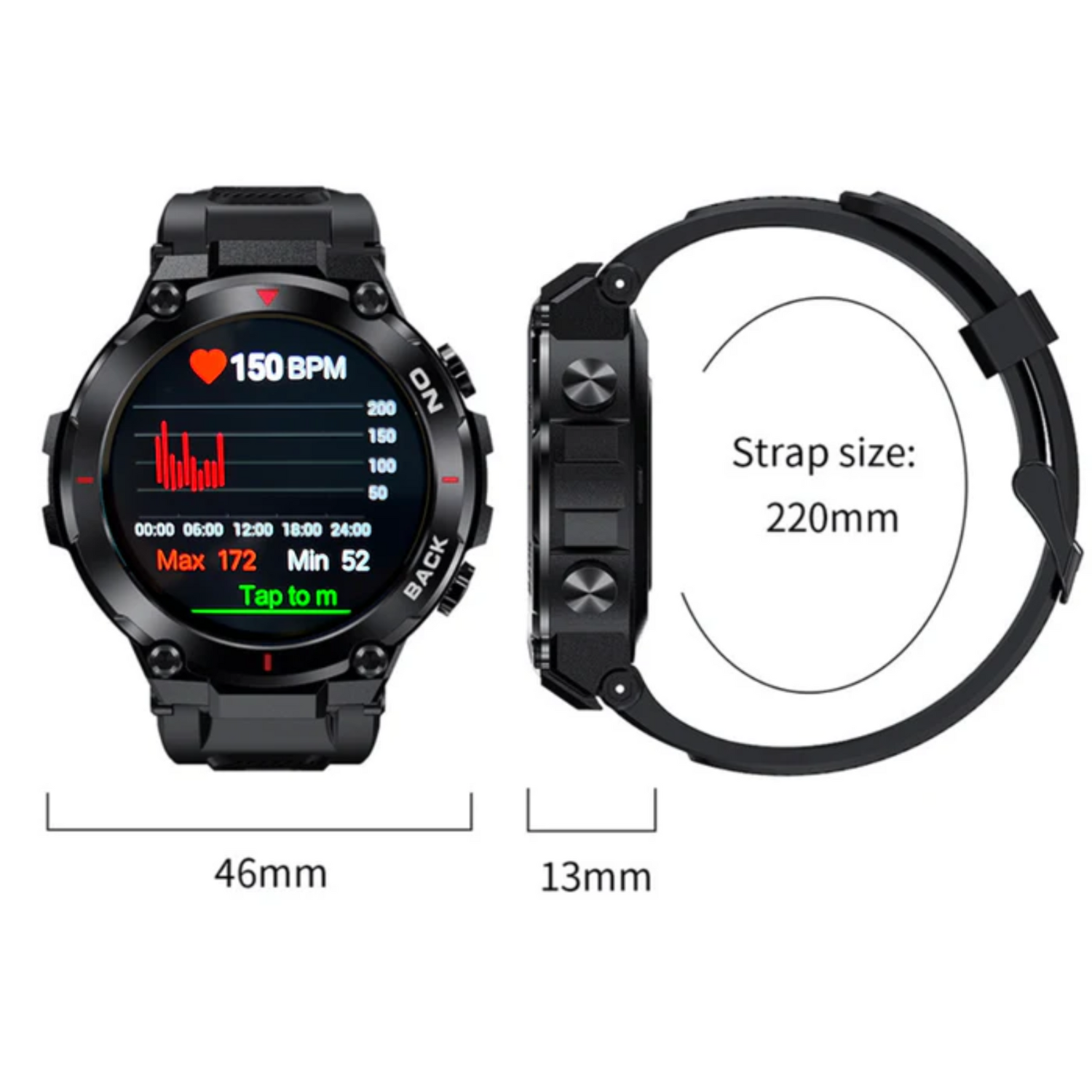 Black smartwatch with digital display and strap size measurement on a white background