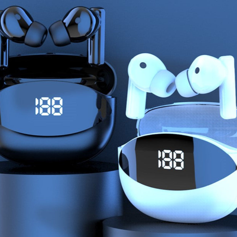 tri-tek pro mini earbuds side by side black and white