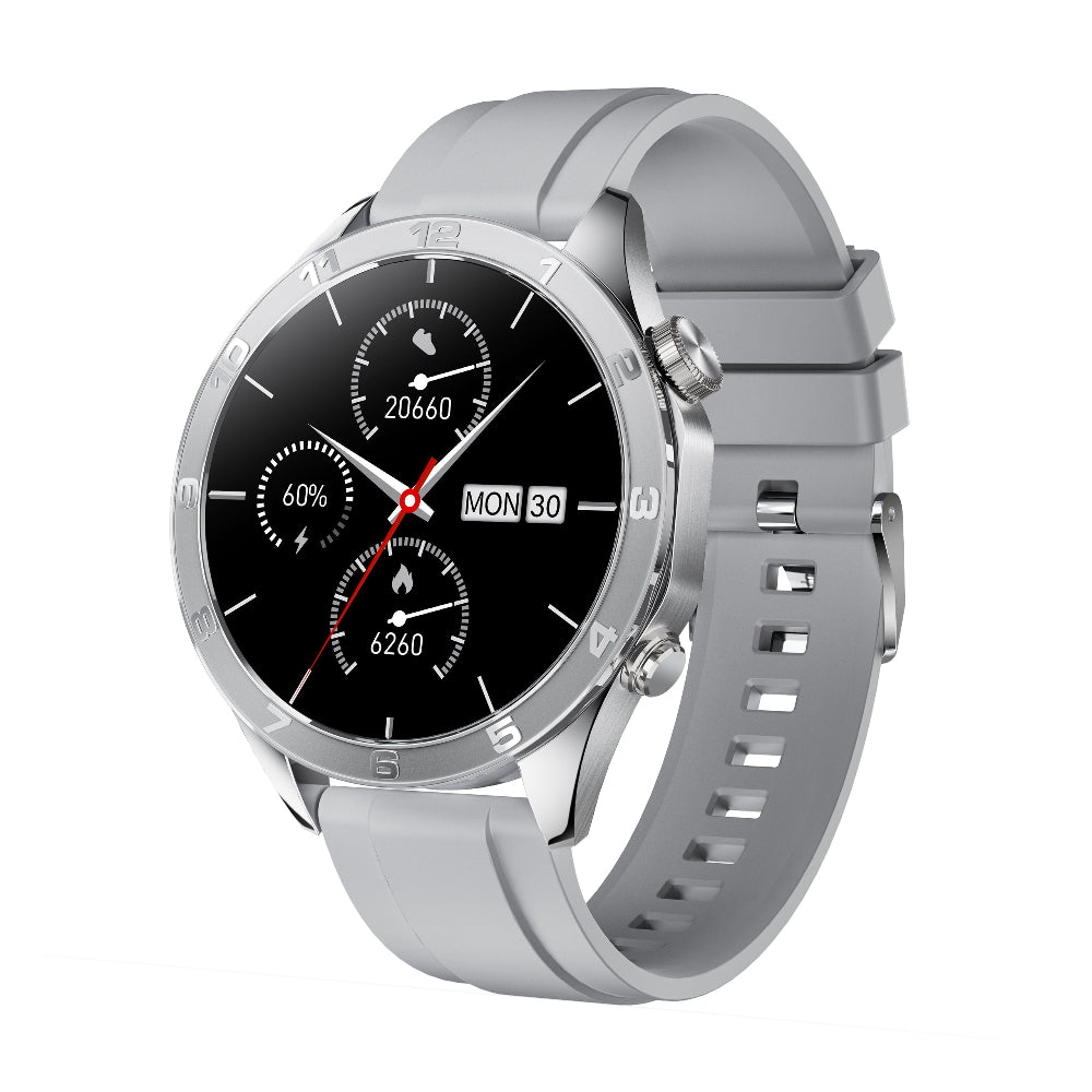 Smartwatch with a silver band on a white background