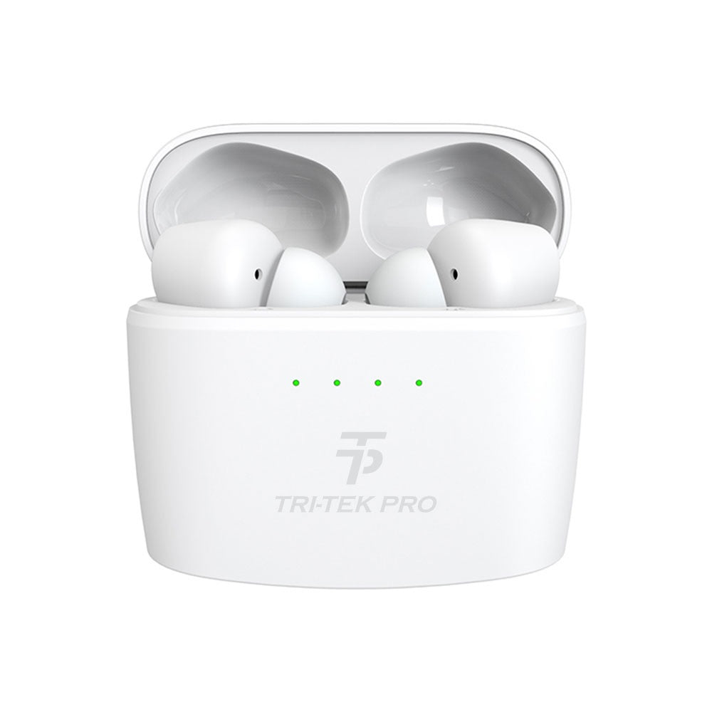 Pure white noise cancelling earbuds shown in case