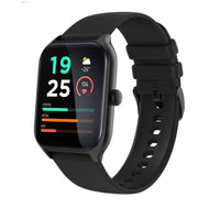 A black Pulse Smartwatch with a silicone band and a digital display showing time, temperature, step count, and heart rate metrics.