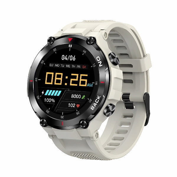 tri-tek pro Smartwatch with a grey band on a white background