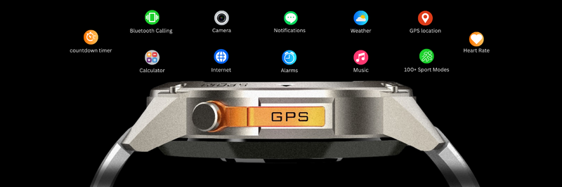 Smartwatch with app icons on a black background