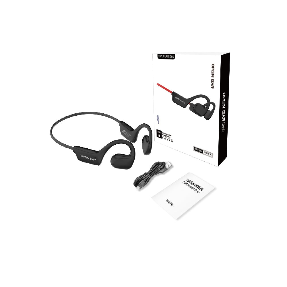 The image shows a pair of wireless air conduction headphones in black color, along with a Type-C charging cable and a user manual, against a white background.