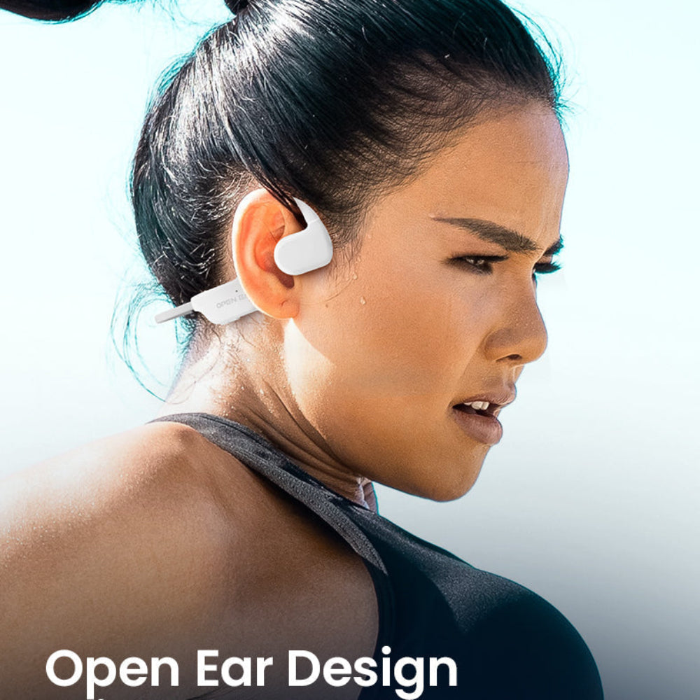 lady wearing open ear air conduction headphones