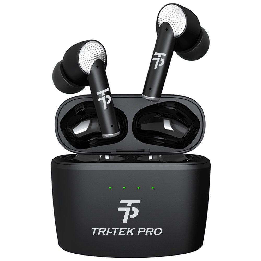 A pair of white Bluetooth earbuds with a charging case, displaying the brand logo 'TRI-TEK PRO' on the front.